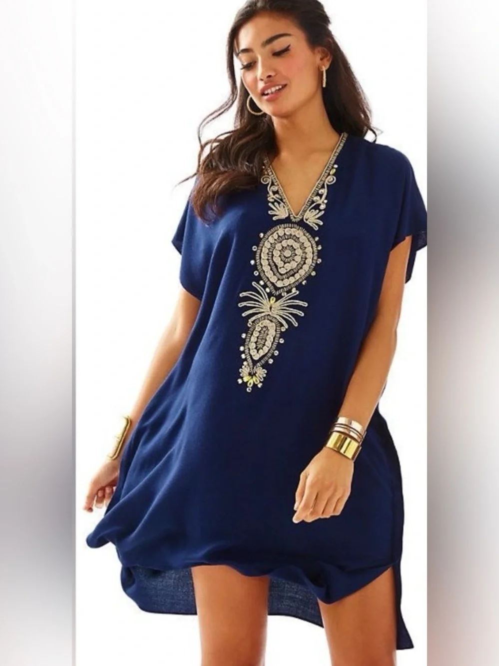 Lilly Pulitzer Embellished Caftan Tunic Dress Navy Blue Gold Beaded S/M - Picture 1 of 10